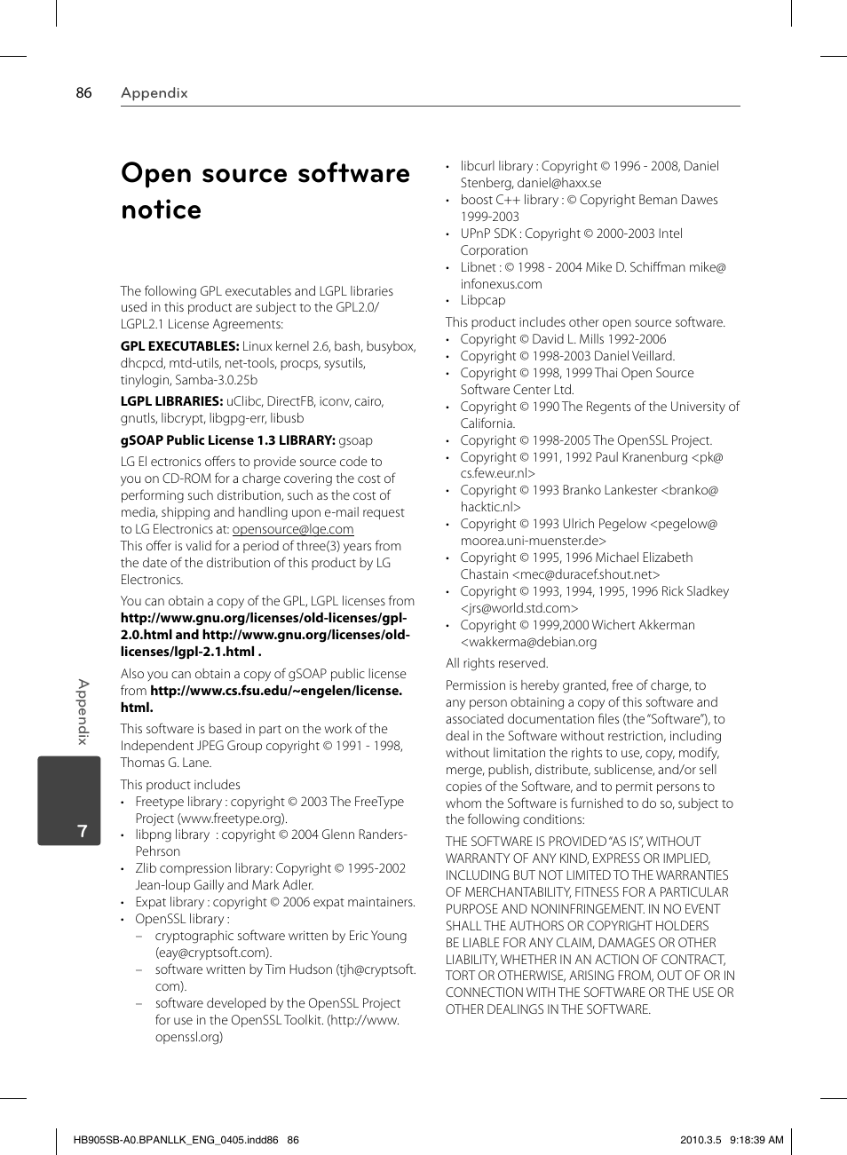 Open source software notice | LG HB905SB User Manual | Page 86 / 88