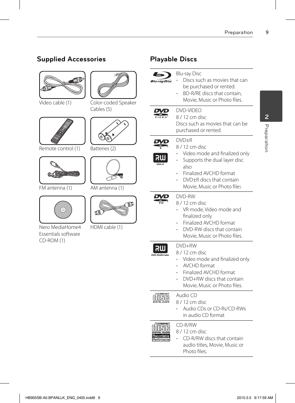 Supplied accessories, Playable discs | LG HB905SB User Manual | Page 9 / 88