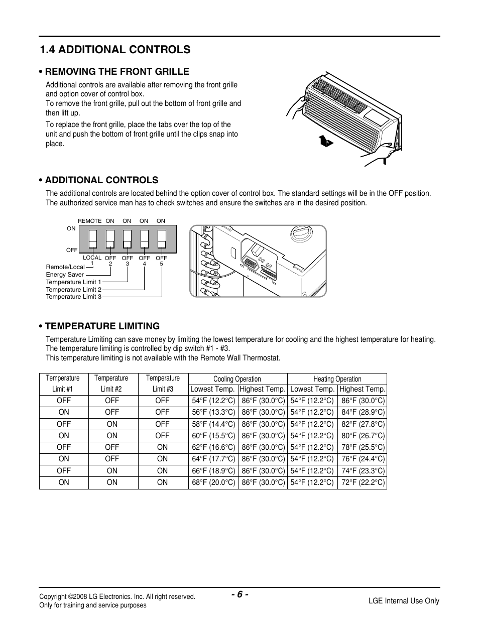 4 additional controls, Temperature limiting, Removing the front grille | Additional controls | LG LP121CEM-Y8 User Manual | Page 6 / 48