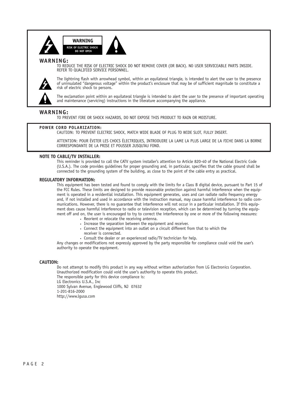 Warning | LG RU-48SZ40 User Manual | Page 2 / 60