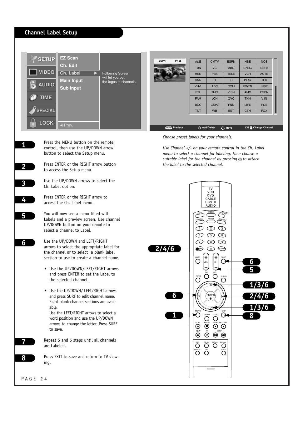 Channel label setup, Setup, Setup video video audio audio time time lock lock | Special | LG RU-48SZ40 User Manual | Page 24 / 60