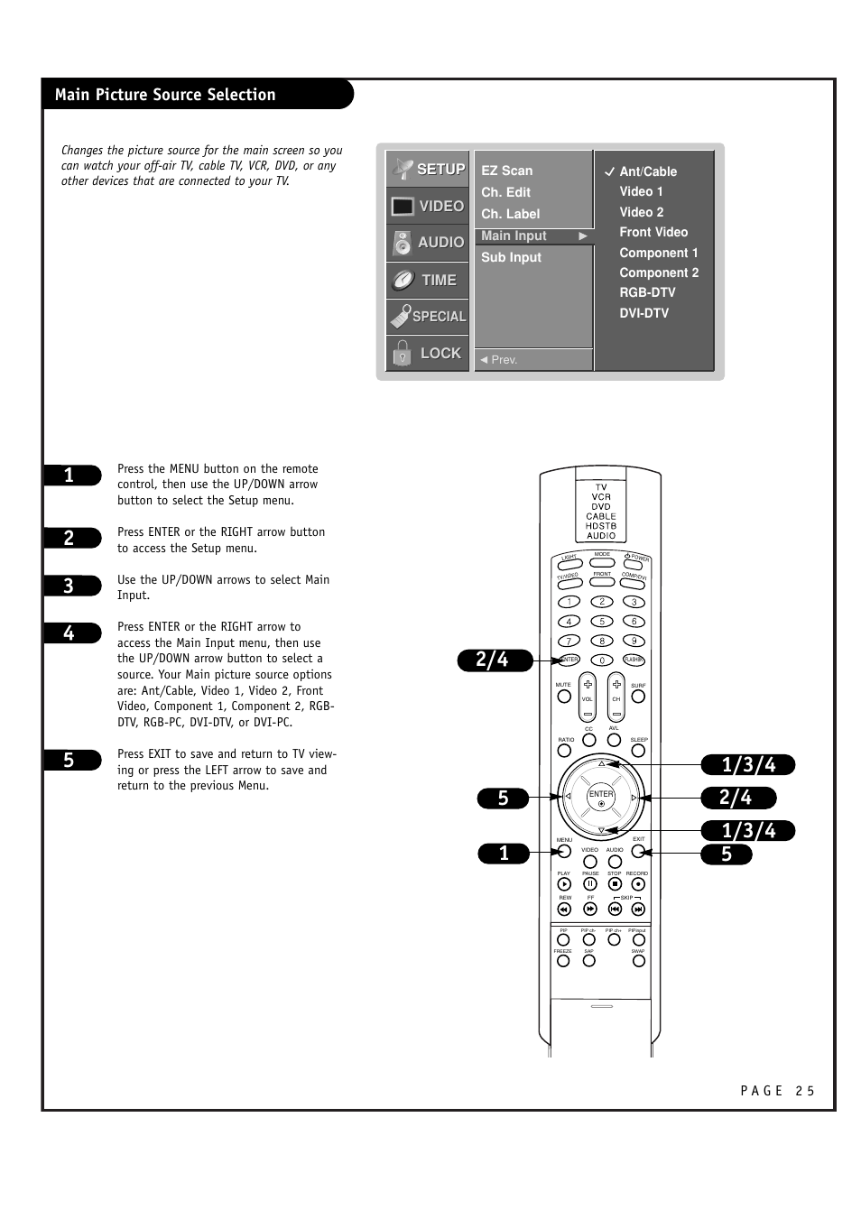 Main picture source selection, Setup, Setup video video audio audio time time lock lock | LG RU-48SZ40 User Manual | Page 25 / 60