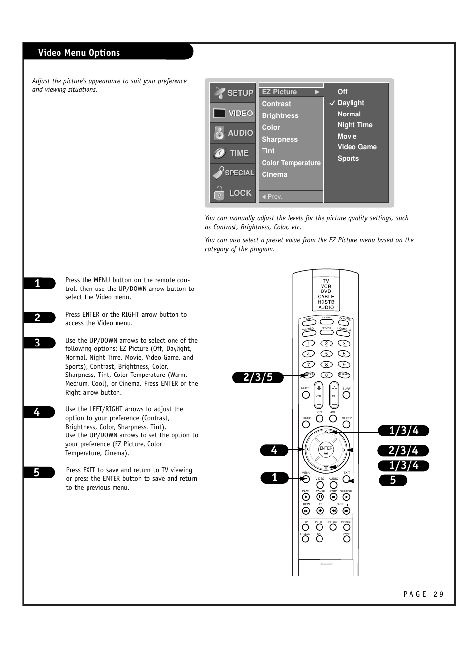 Video menu options, Setup, Setup video video audio audio time time lock lock | LG RU-48SZ40 User Manual | Page 29 / 60