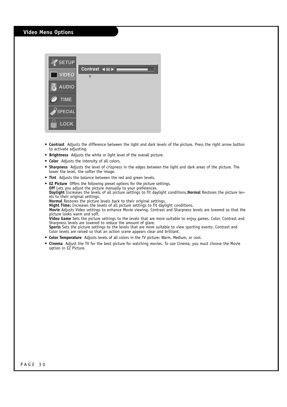 Video menu options | LG RU-48SZ40 User Manual | Page 30 / 60