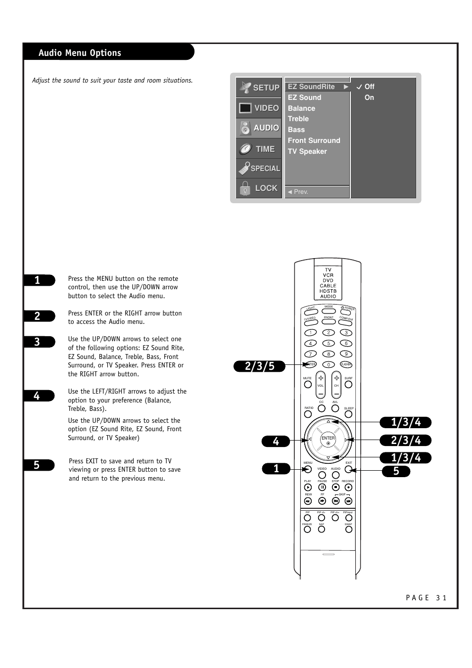 Audio menu options, Setup, Setup video video audio audio time time lock lock | LG RU-48SZ40 User Manual | Page 31 / 60