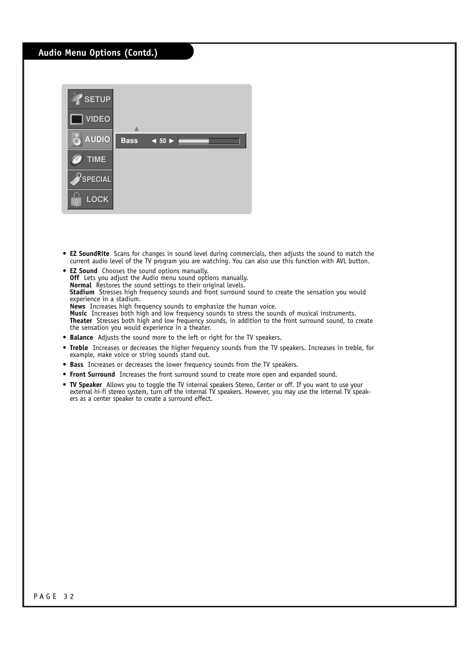 Audio menu options (contd.) | LG RU-48SZ40 User Manual | Page 32 / 60