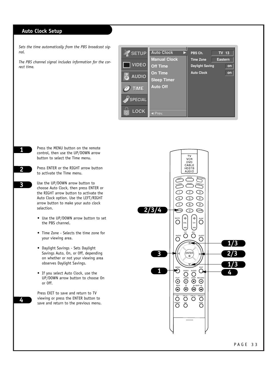 Auto clock setup, Setup, Setup video video audio audio time time lock lock | LG RU-48SZ40 User Manual | Page 33 / 60