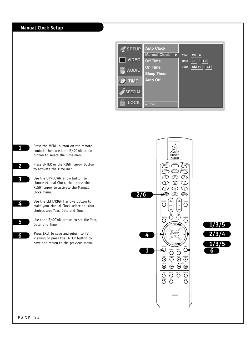 Manual clock setup, Setup, Setup video video audio audio time time lock lock | LG RU-48SZ40 User Manual | Page 34 / 60