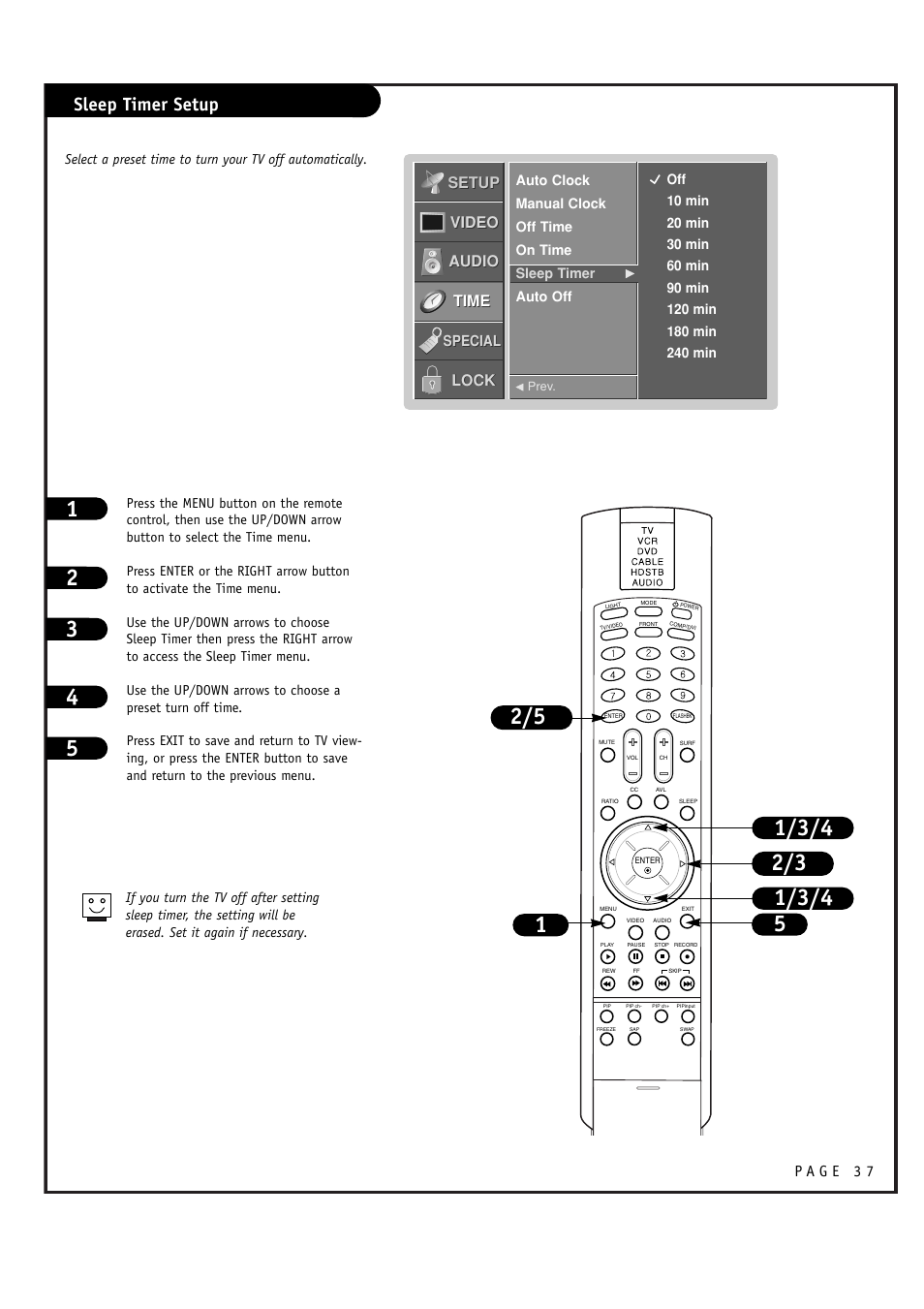 Sleep timer setup, Setup, Setup video video audio audio time time lock lock | LG RU-48SZ40 User Manual | Page 37 / 60