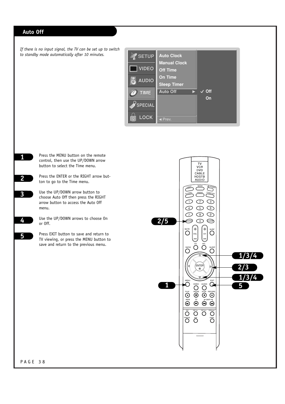 Auto off, Setup, Setup video video audio audio time time lock lock | Special | LG RU-48SZ40 User Manual | Page 38 / 60