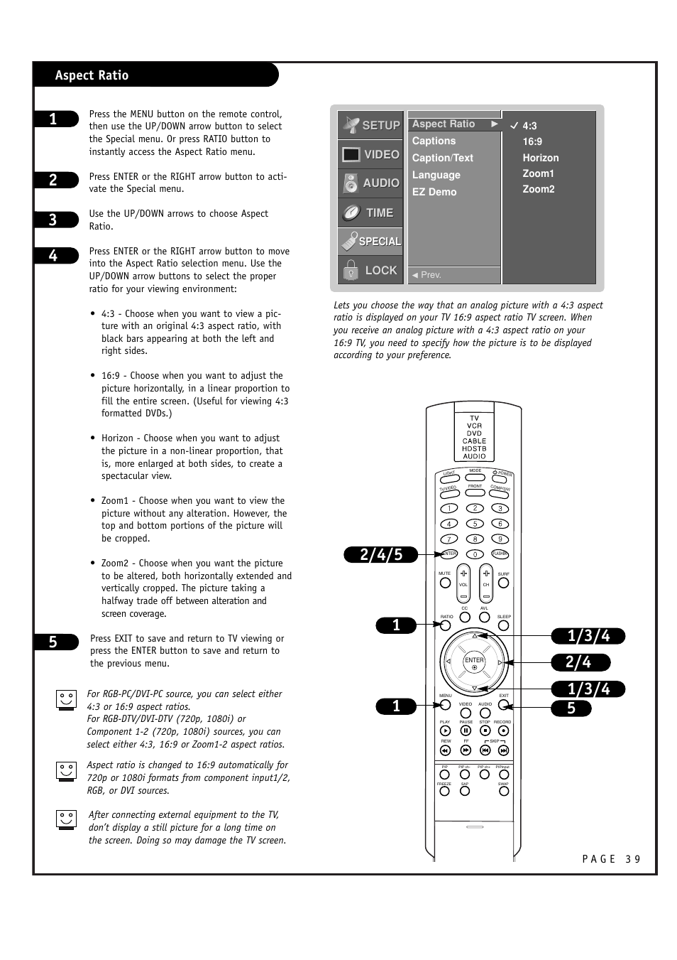 Aspect ratio, Setup, Setup video video audio audio time time lock lock | LG RU-48SZ40 User Manual | Page 39 / 60