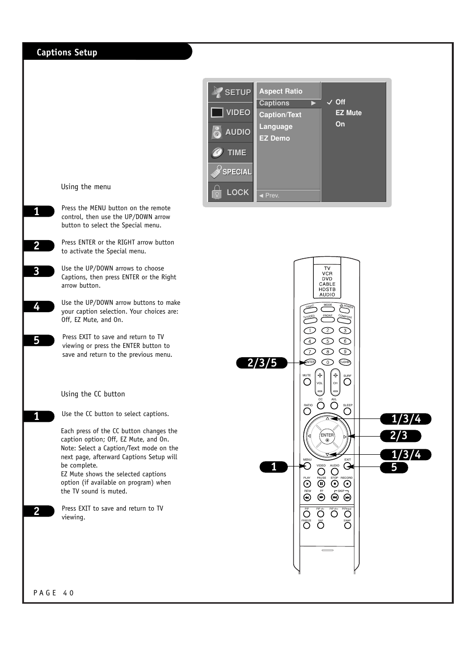 Captions setup, Setup, Setup video video audio audio time time lock lock | Using the cc button using the menu | LG RU-48SZ40 User Manual | Page 40 / 60