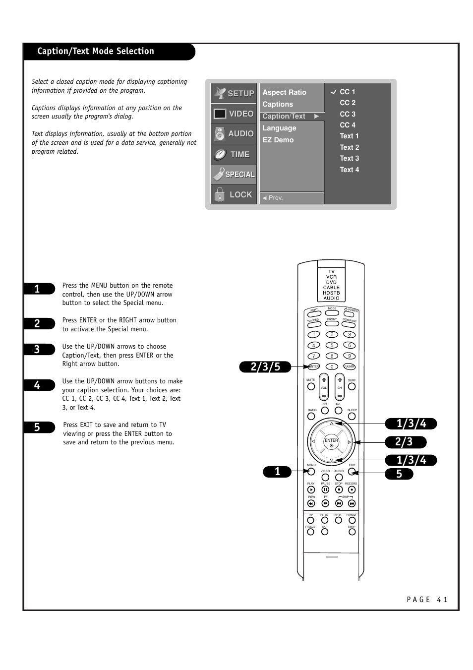 Caption/text mode selection, Setup, Setup video video audio audio time time lock lock | LG RU-48SZ40 User Manual | Page 41 / 60