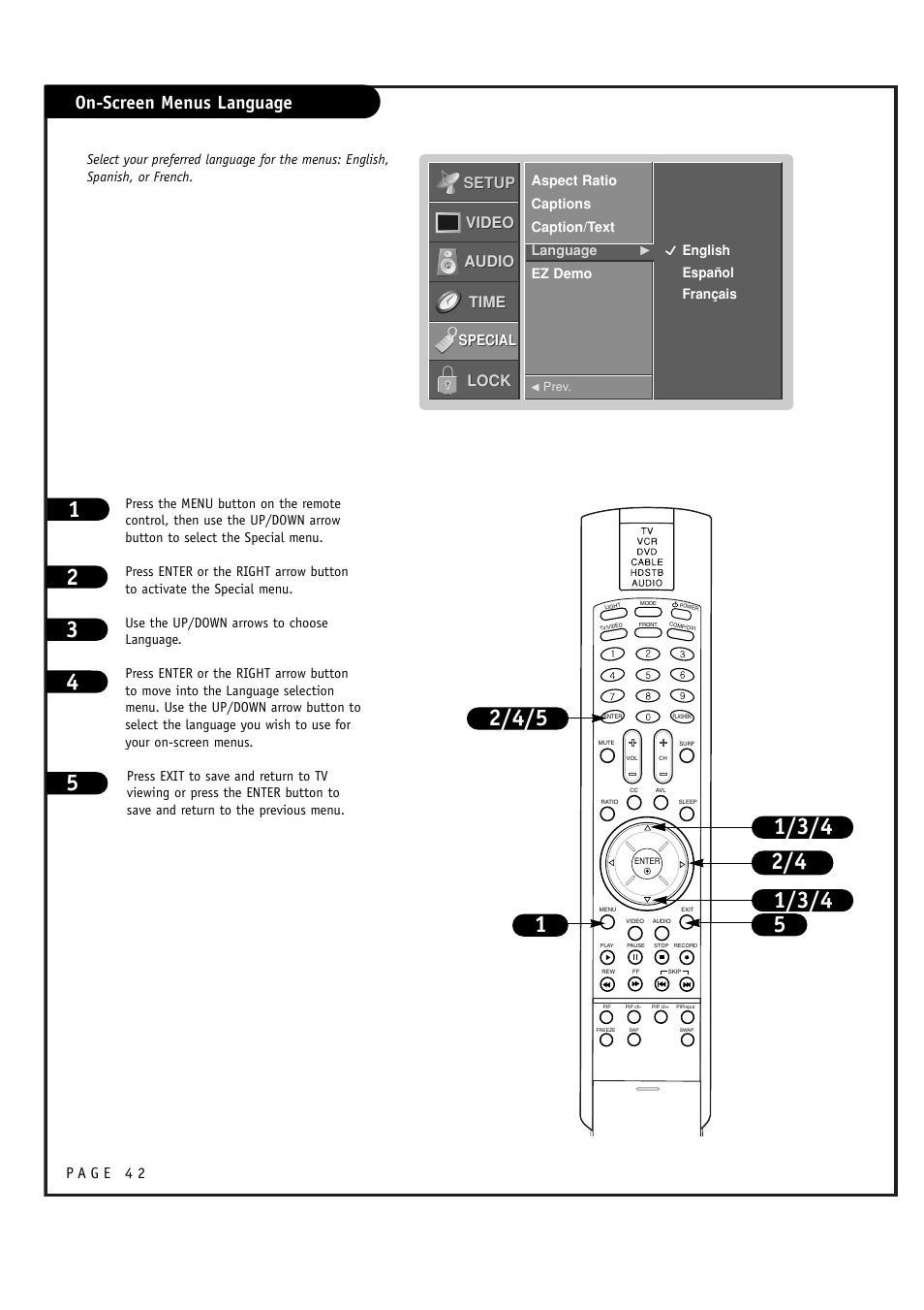 On-screen menus language, Setup, Setup video video audio audio time time lock lock | Special | LG RU-48SZ40 User Manual | Page 42 / 60