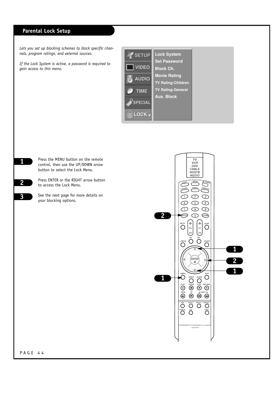 Parental lock setup, Setup, Setup video video audio audio time time lock lock | Special | LG RU-48SZ40 User Manual | Page 44 / 60