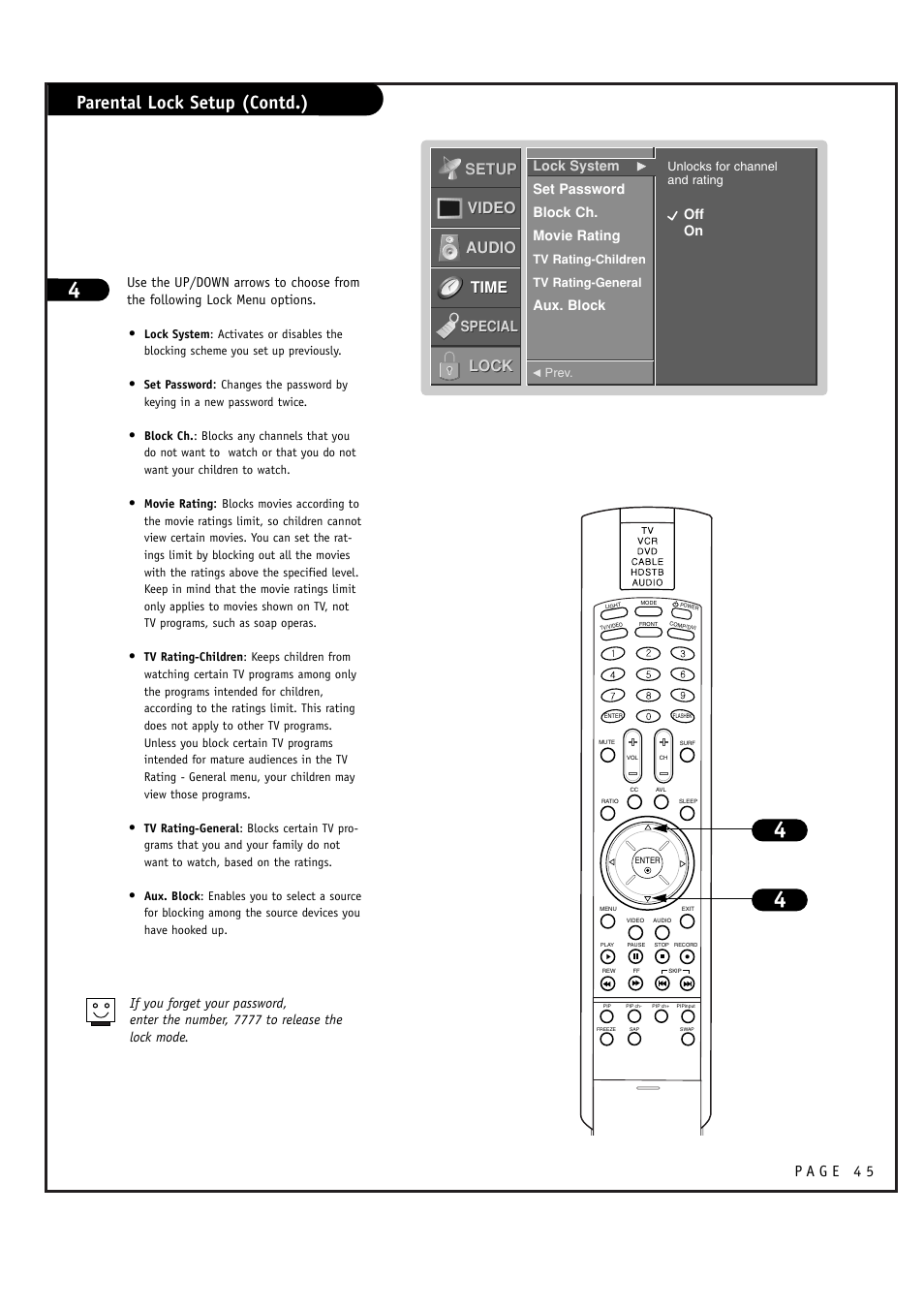 Parental lock setup (contd.), Setup, Setup video video audio audio time time lock lock | Special, Set password block ch. movie rating, Aux. block, Off on | LG RU-48SZ40 User Manual | Page 45 / 60