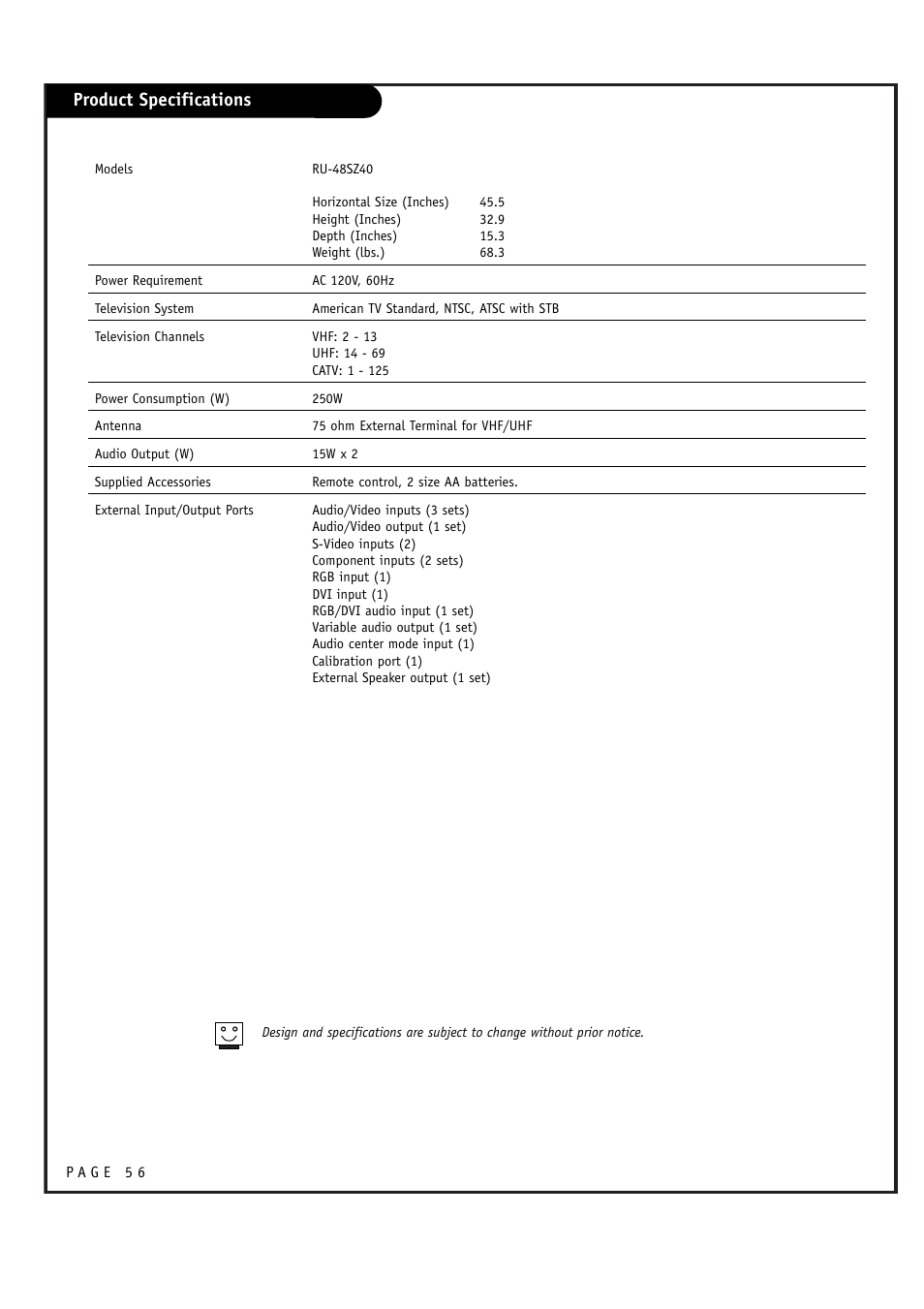 Product specifications | LG RU-48SZ40 User Manual | Page 56 / 60