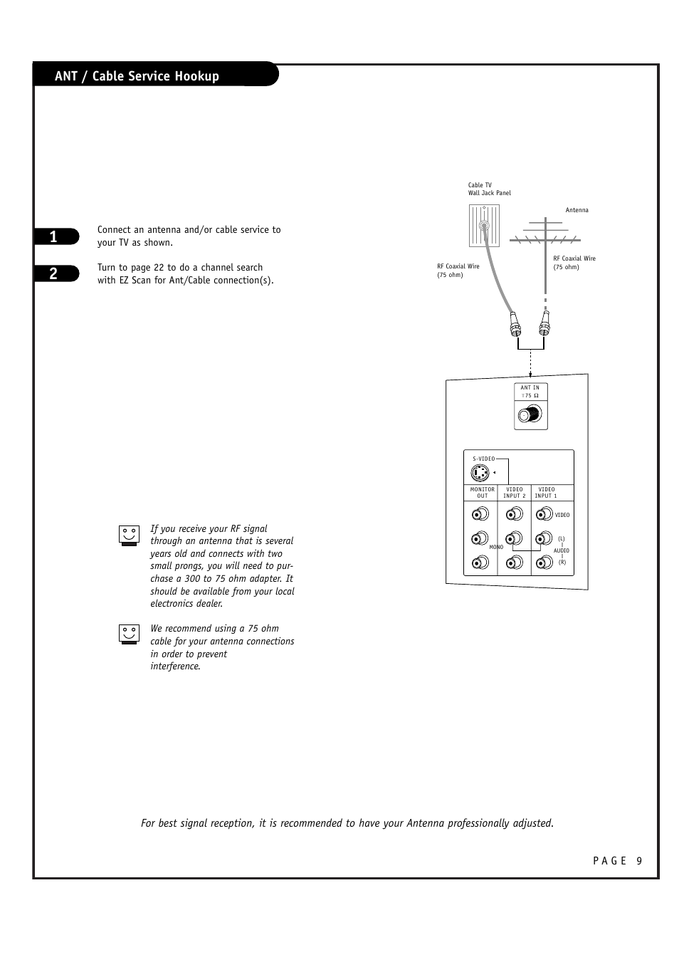 Ant / cable service hookup | LG RU-48SZ40 User Manual | Page 9 / 60