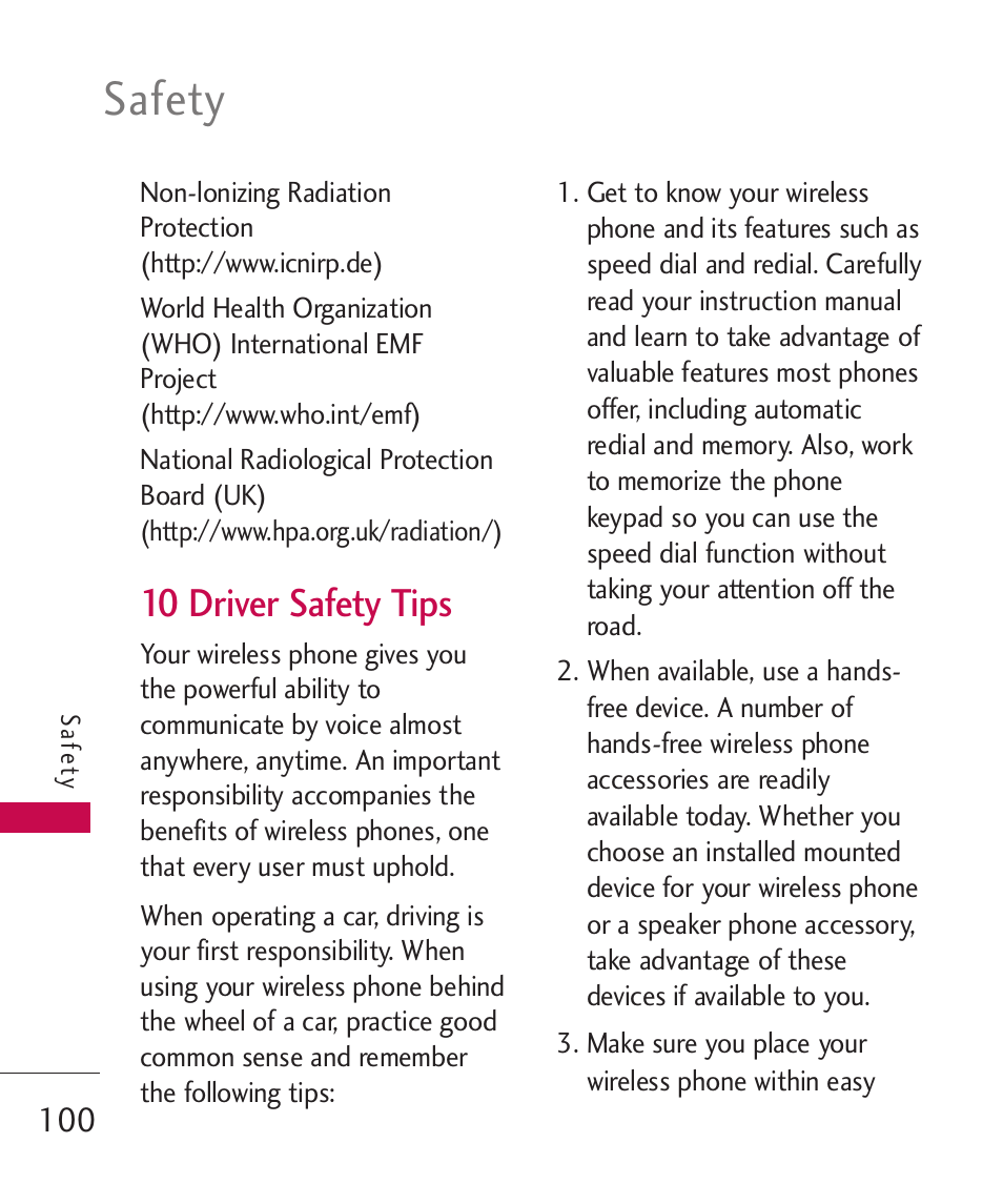 10 driver safety tips, Safety | LG AX310 User Manual | Page 102 / 119