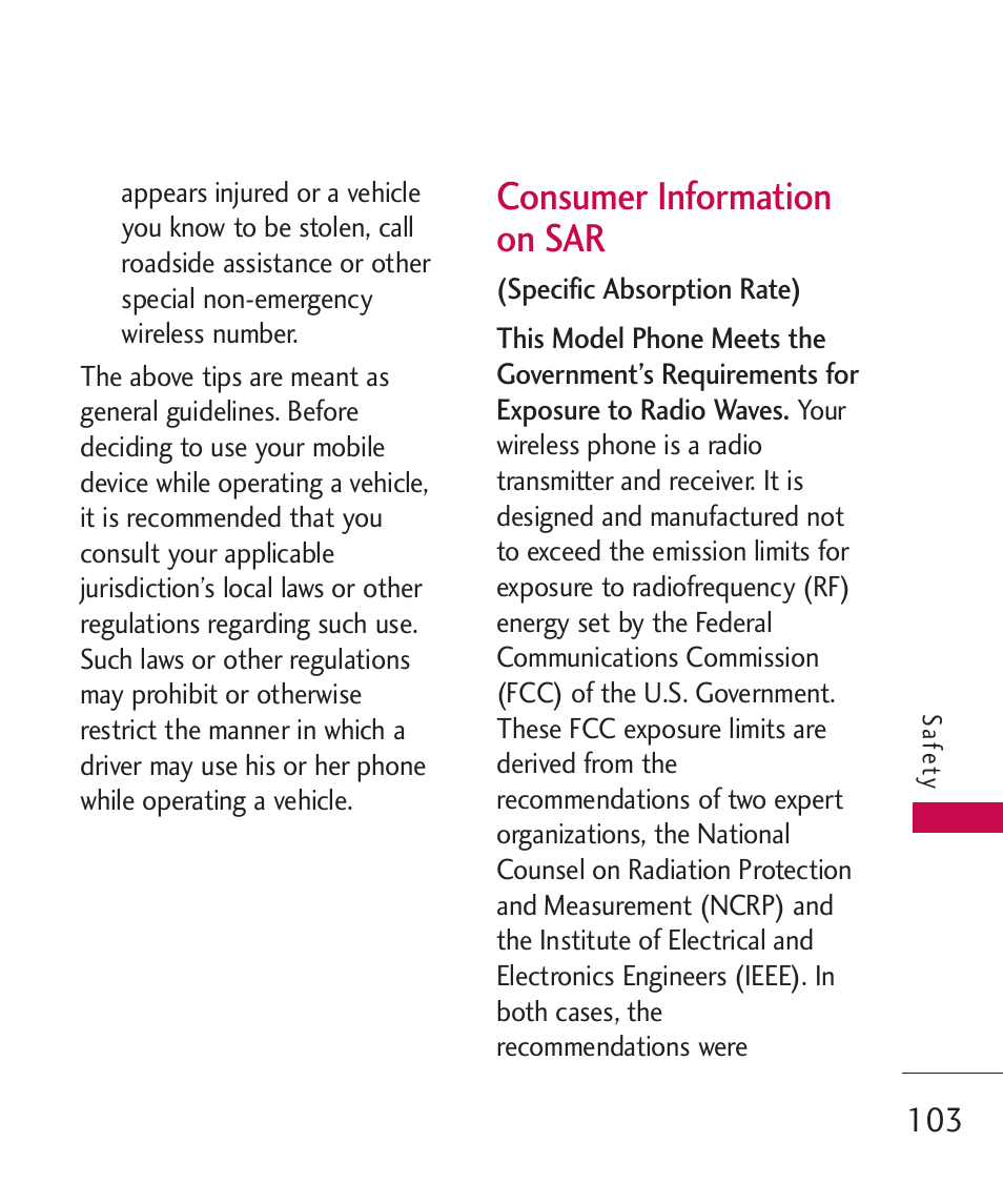 Consumer information on sar | LG AX310 User Manual | Page 105 / 119