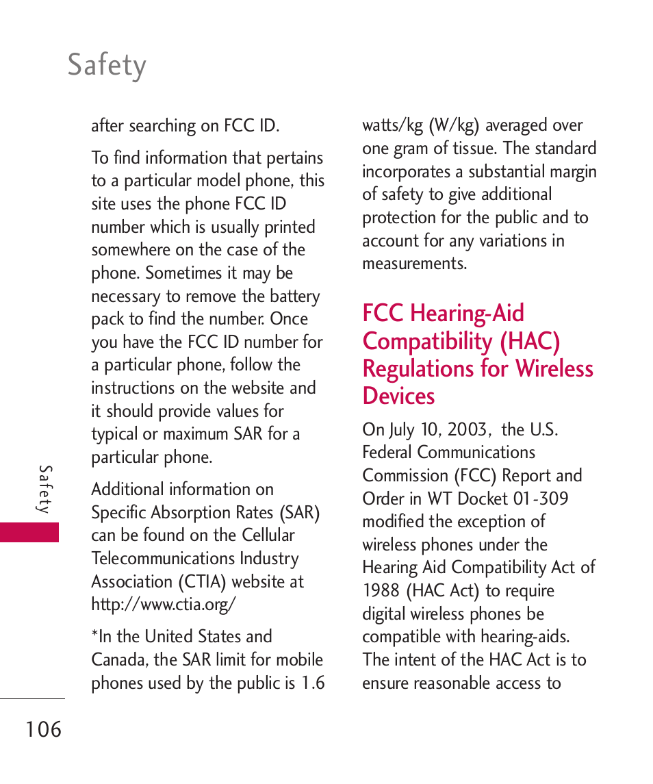 Fcc hearing-aid compatibilit, Safety | LG AX310 User Manual | Page 108 / 119