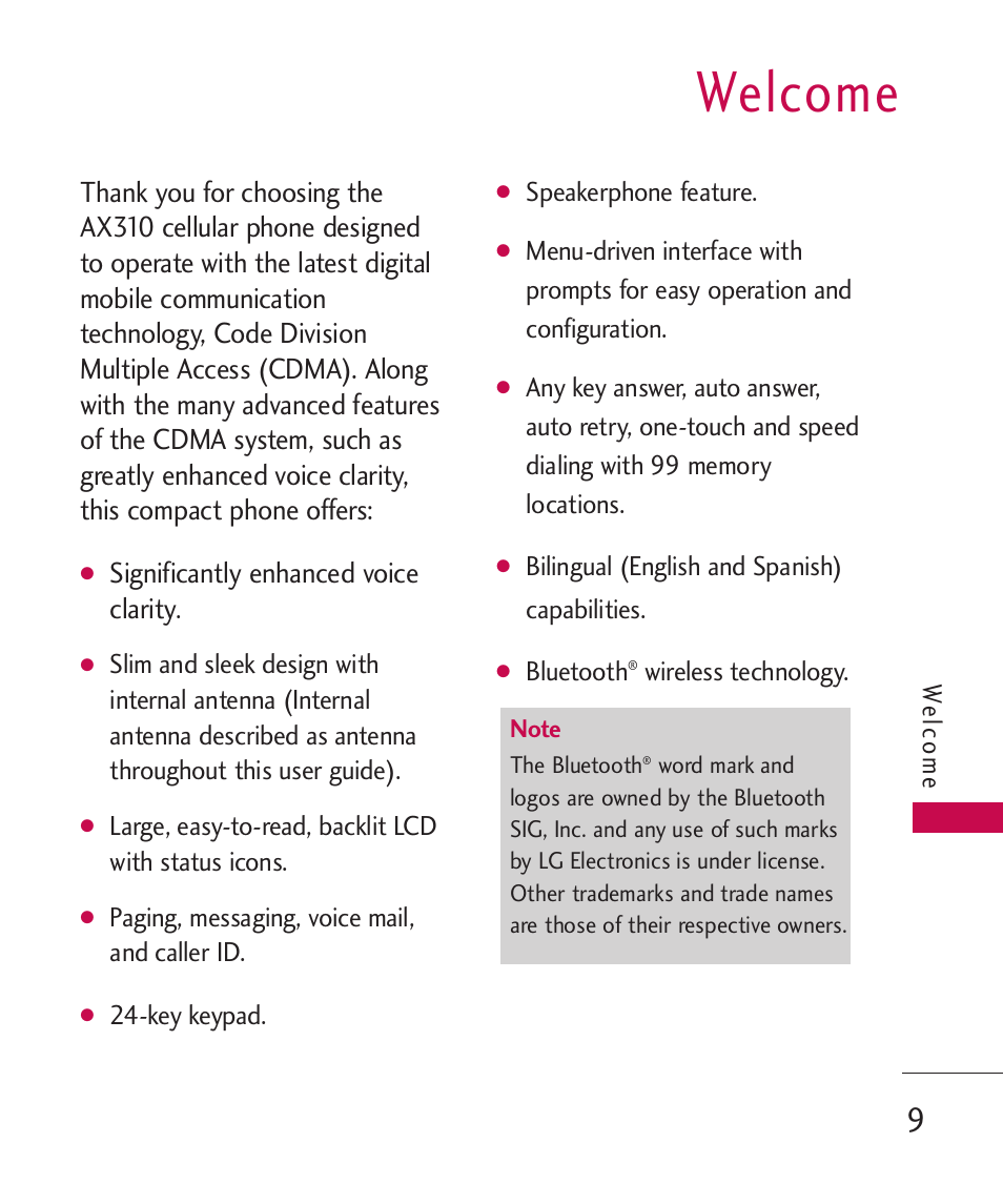 Welcome, Significantly enhanced voice clarity | LG AX310 User Manual | Page 11 / 119