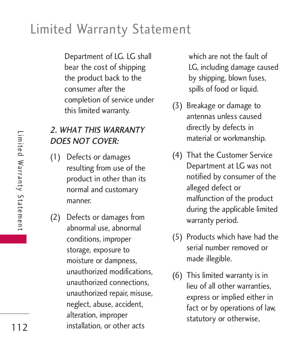 Limited warranty statement | LG AX310 User Manual | Page 114 / 119