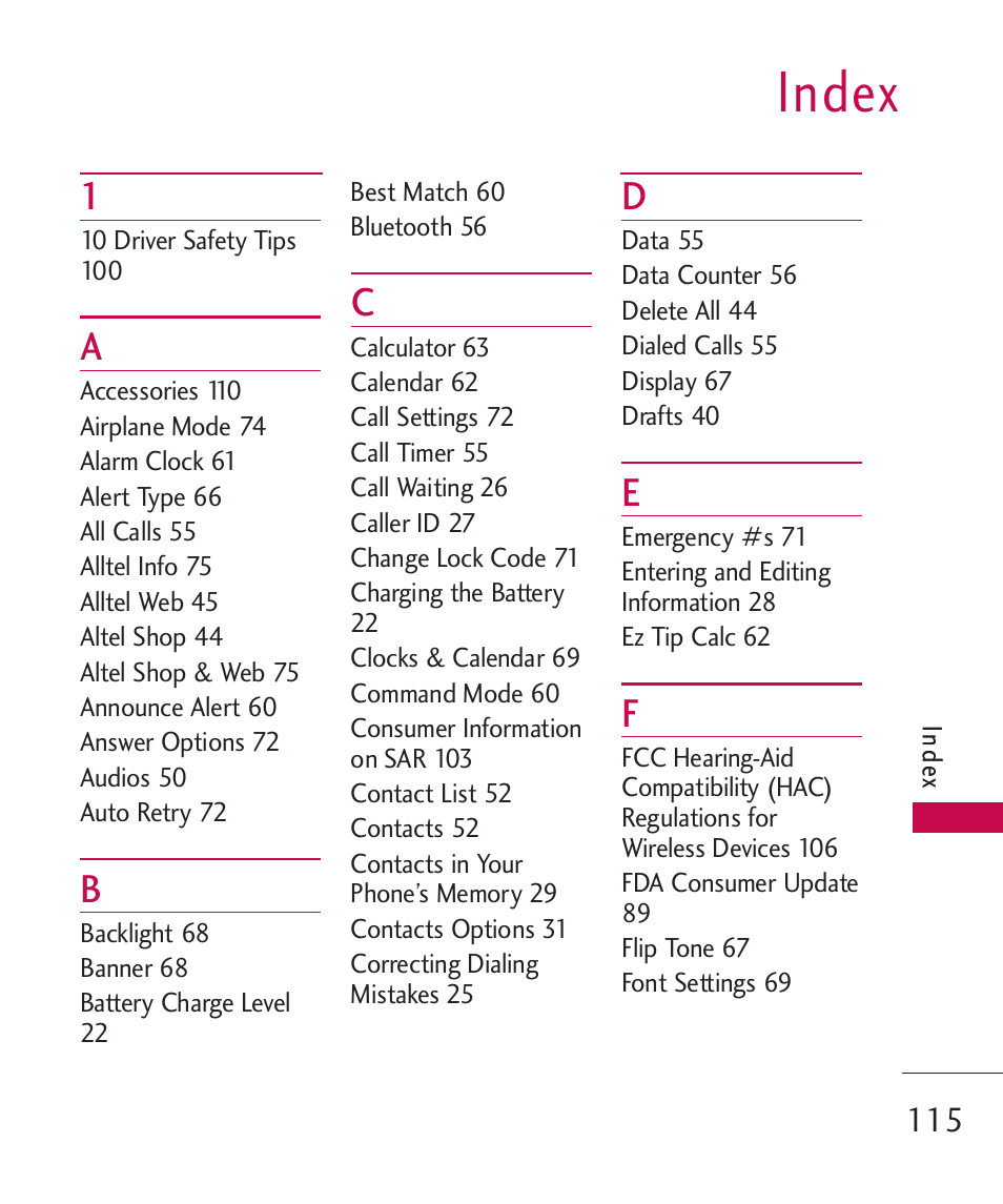 Index | LG AX310 User Manual | Page 117 / 119