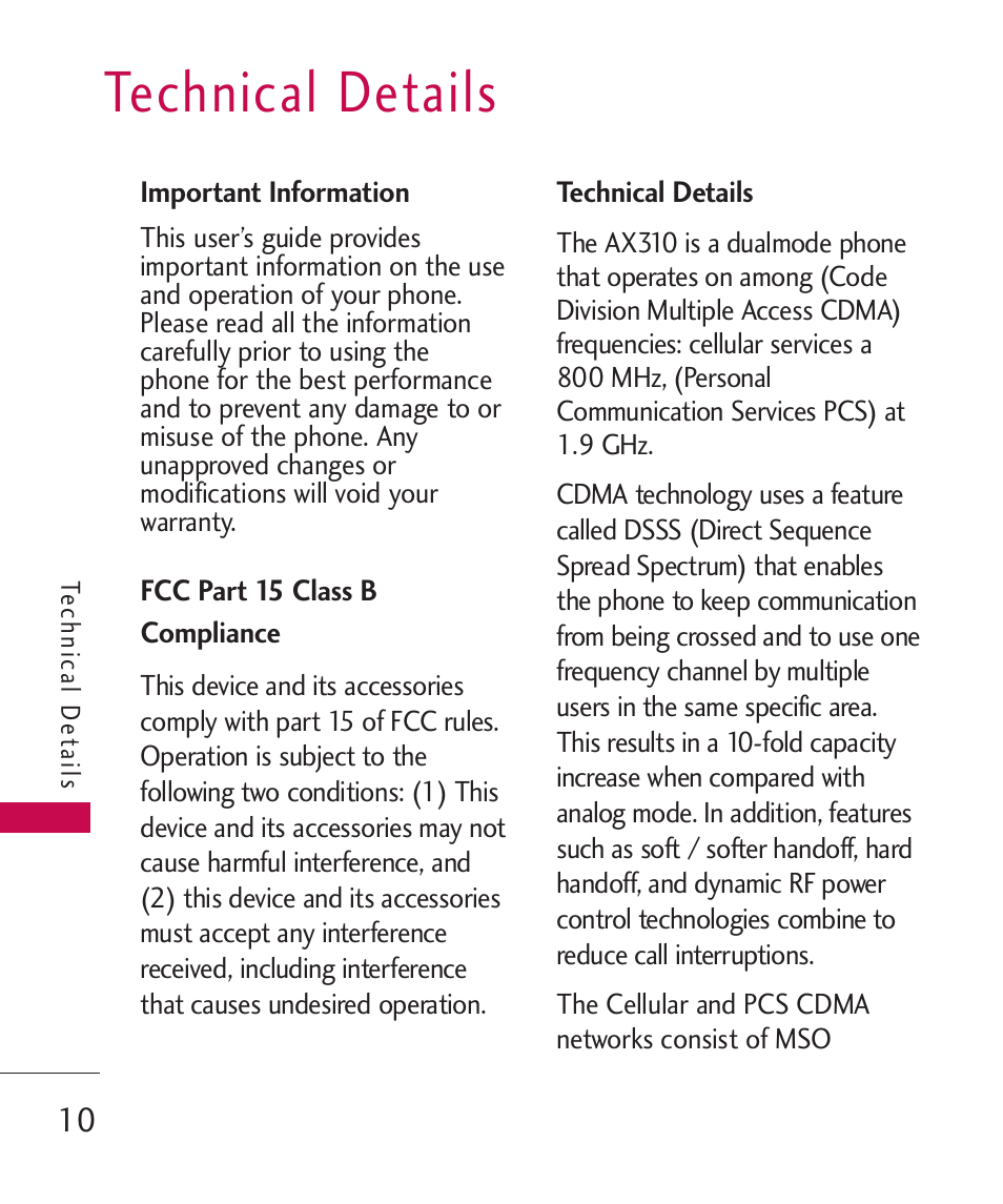 Technical details, Important information, Fcc part 15 class b compliance | Fcc part 15 class b compliance 10 | LG AX310 User Manual | Page 12 / 119