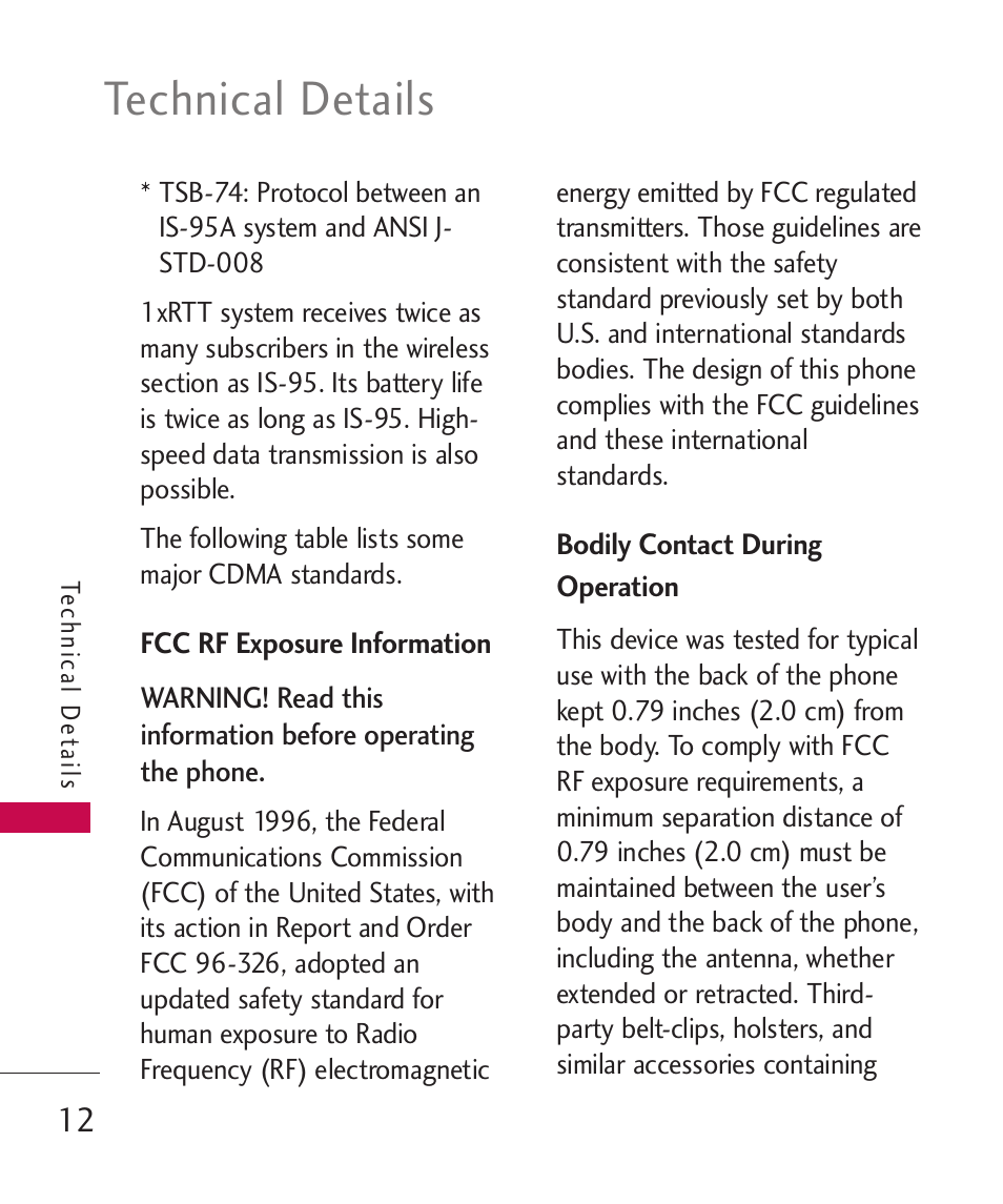 Fcc rf exposure information, Bodily contact during operation, Bodily contact during operation 12 | Technical details | LG AX310 User Manual | Page 14 / 119