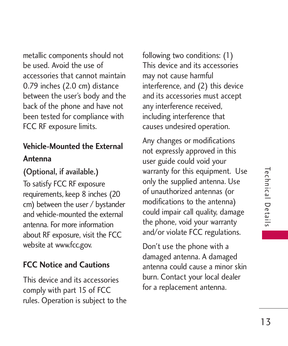 Vehicle-mounted the external, Fcc notice and cautions, Vehicle-mounted the external antenna 13 | LG AX310 User Manual | Page 15 / 119