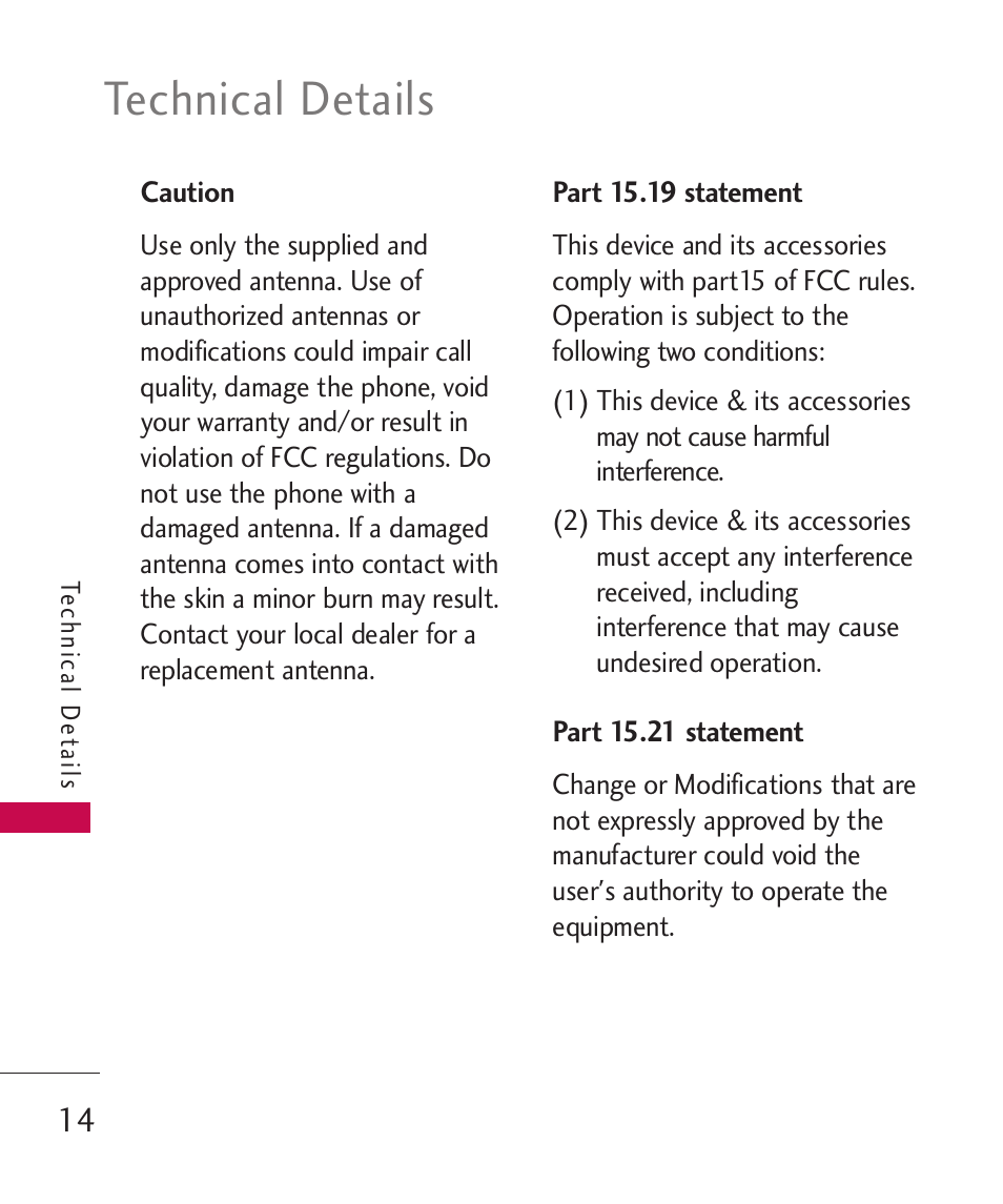 Caution, Part 15.19 statement, Part 15.21 statement | Technical details | LG AX310 User Manual | Page 16 / 119