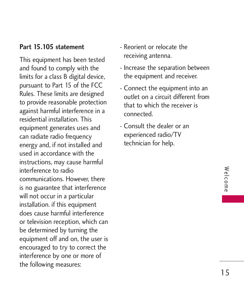 Part 15.105 statement | LG AX310 User Manual | Page 17 / 119