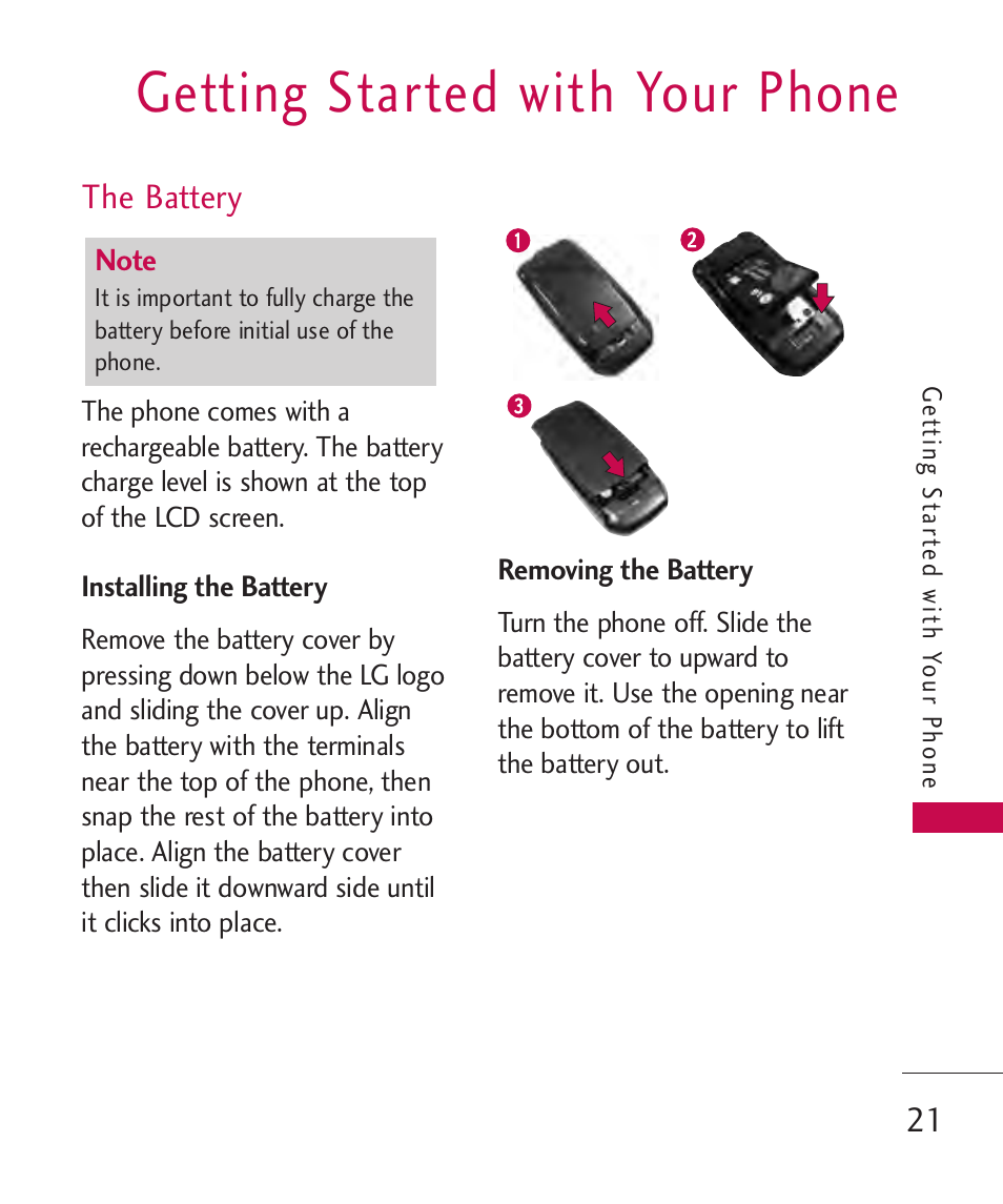 The battery, Installing the battery, Removing the battery | Getting started with your phone | LG AX310 User Manual | Page 23 / 119