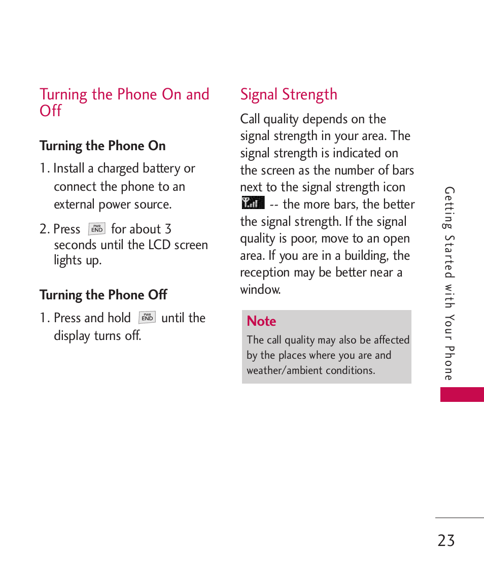 Turning the phone on and off, Turning the phone on, Turning the phone off | Signal strength, Turning the phone on and off 23 | LG AX310 User Manual | Page 25 / 119