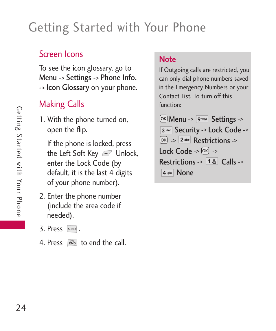 Screen icons, Making calls, Getting started with your phone | LG AX310 User Manual | Page 26 / 119