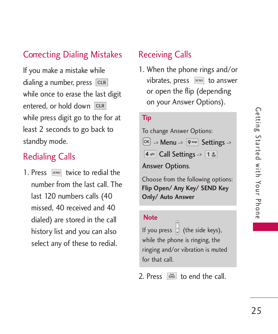 Correcting dialing mistakes, Receiving calls, Redialing calls | LG AX310 User Manual | Page 27 / 119