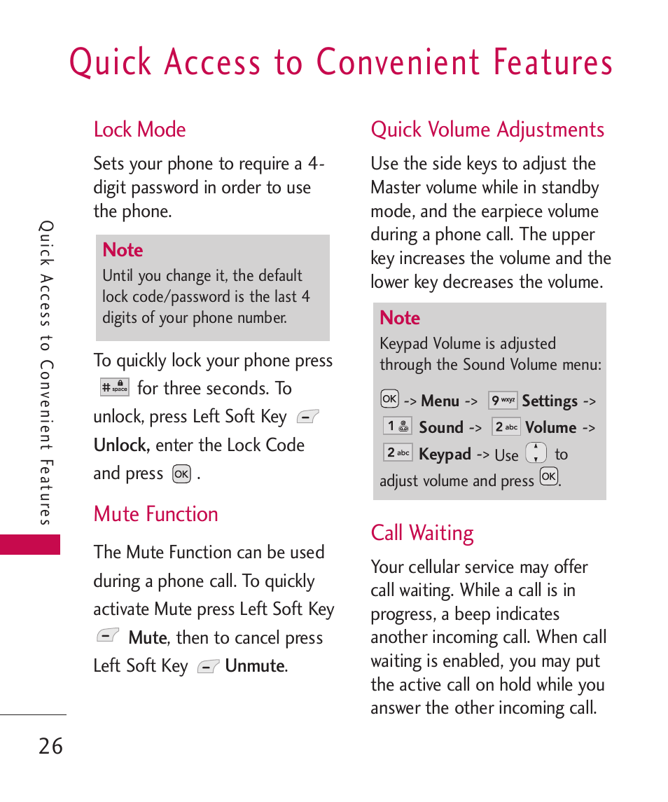 Quick access to convenient f, Lock mode, Mute function | Quick volume adjustments, Call waiting, Quick access to convenient features | LG AX310 User Manual | Page 28 / 119