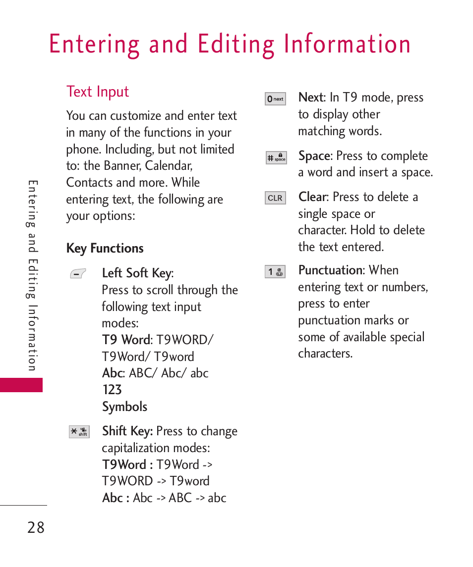 Entering and editing informa, Text input, Key functions | Entering and editing information | LG AX310 User Manual | Page 30 / 119