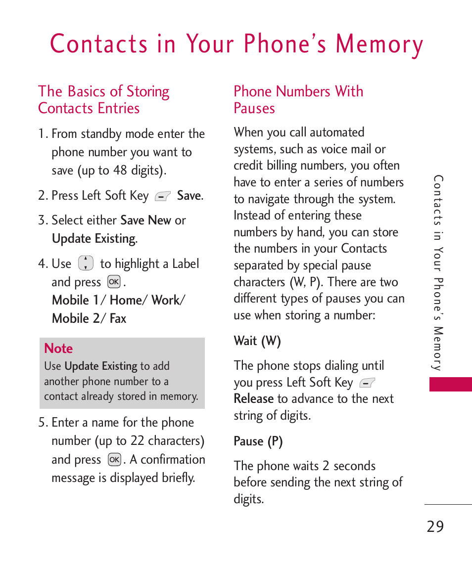 Contacts in your phone’s memory, The basics of storing contac, Phone numbers with pauses | The basics of storing contacts entries | LG AX310 User Manual | Page 31 / 119