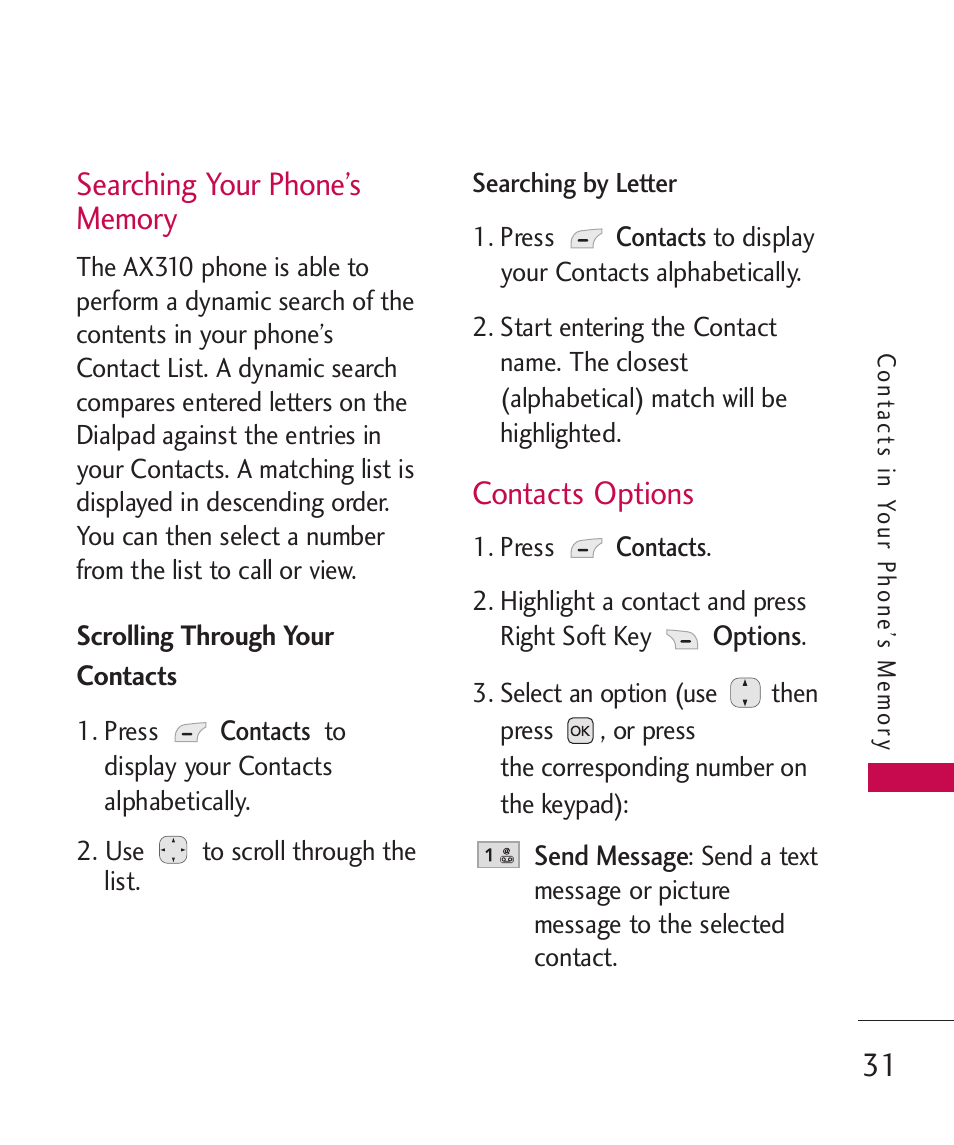 Searching your phone’s memory, Scrolling through your contacts, Contacts options | Searching your phone’s memory 31, Scrolling through your contacts 31 | LG AX310 User Manual | Page 33 / 119