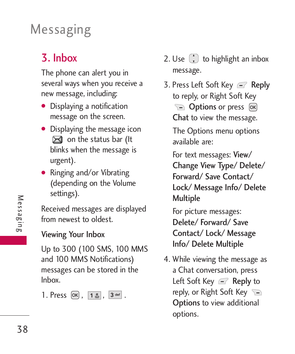 Inbox, Messaging | LG AX310 User Manual | Page 40 / 119