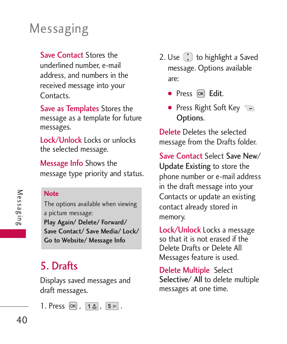 Drafts, Messaging | LG AX310 User Manual | Page 42 / 119