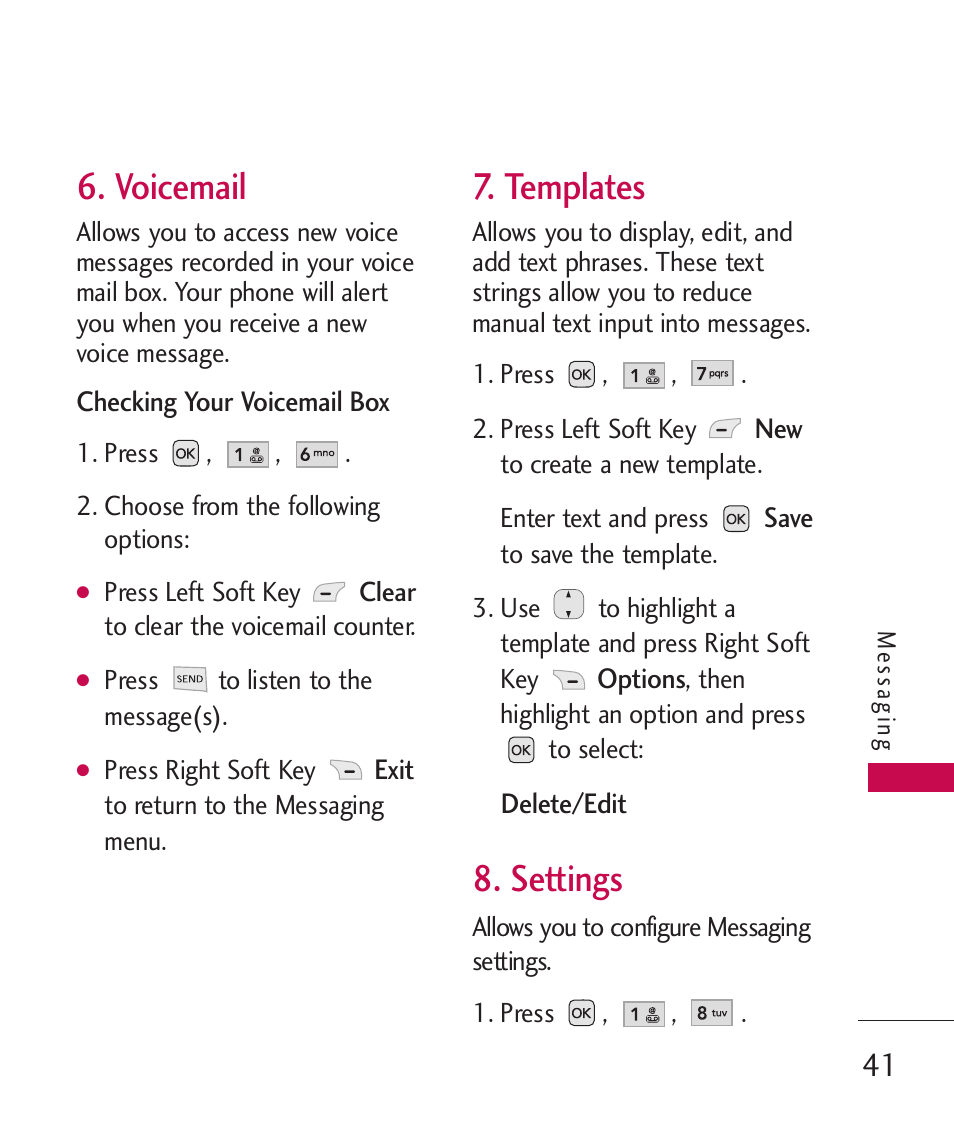 Voicemail, Templates, Settings | LG AX310 User Manual | Page 43 / 119