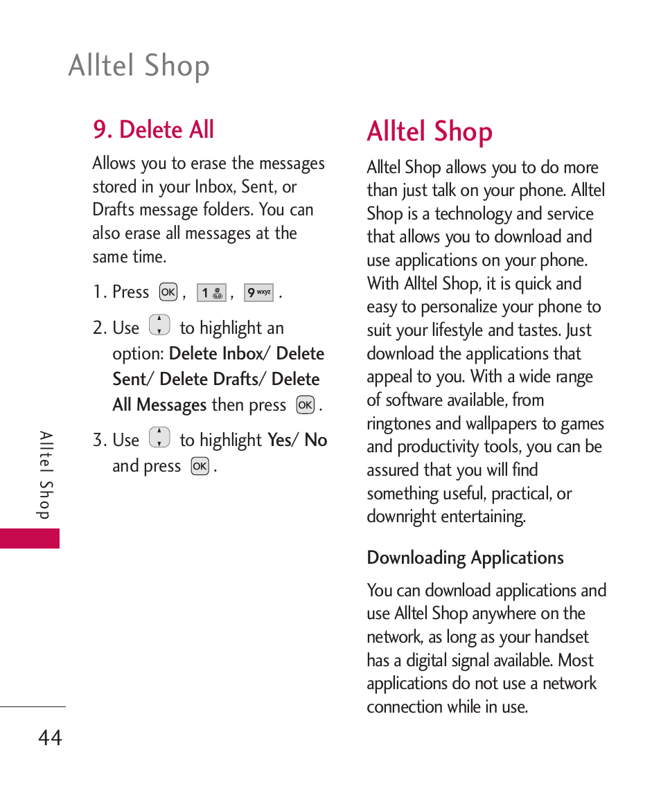 Delete all, Alltel shop | LG AX310 User Manual | Page 46 / 119