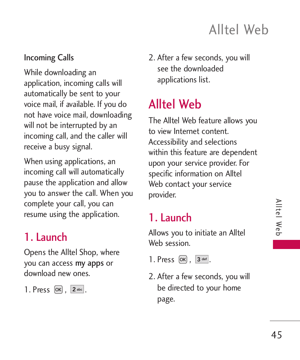 Launch, Alltel web | LG AX310 User Manual | Page 47 / 119