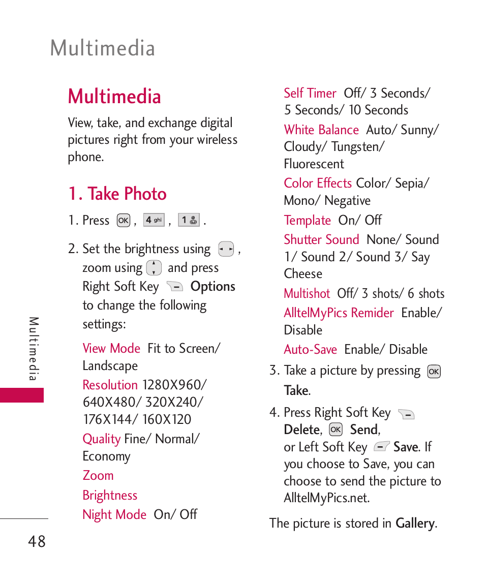 Multimedia, Take photo | LG AX310 User Manual | Page 50 / 119