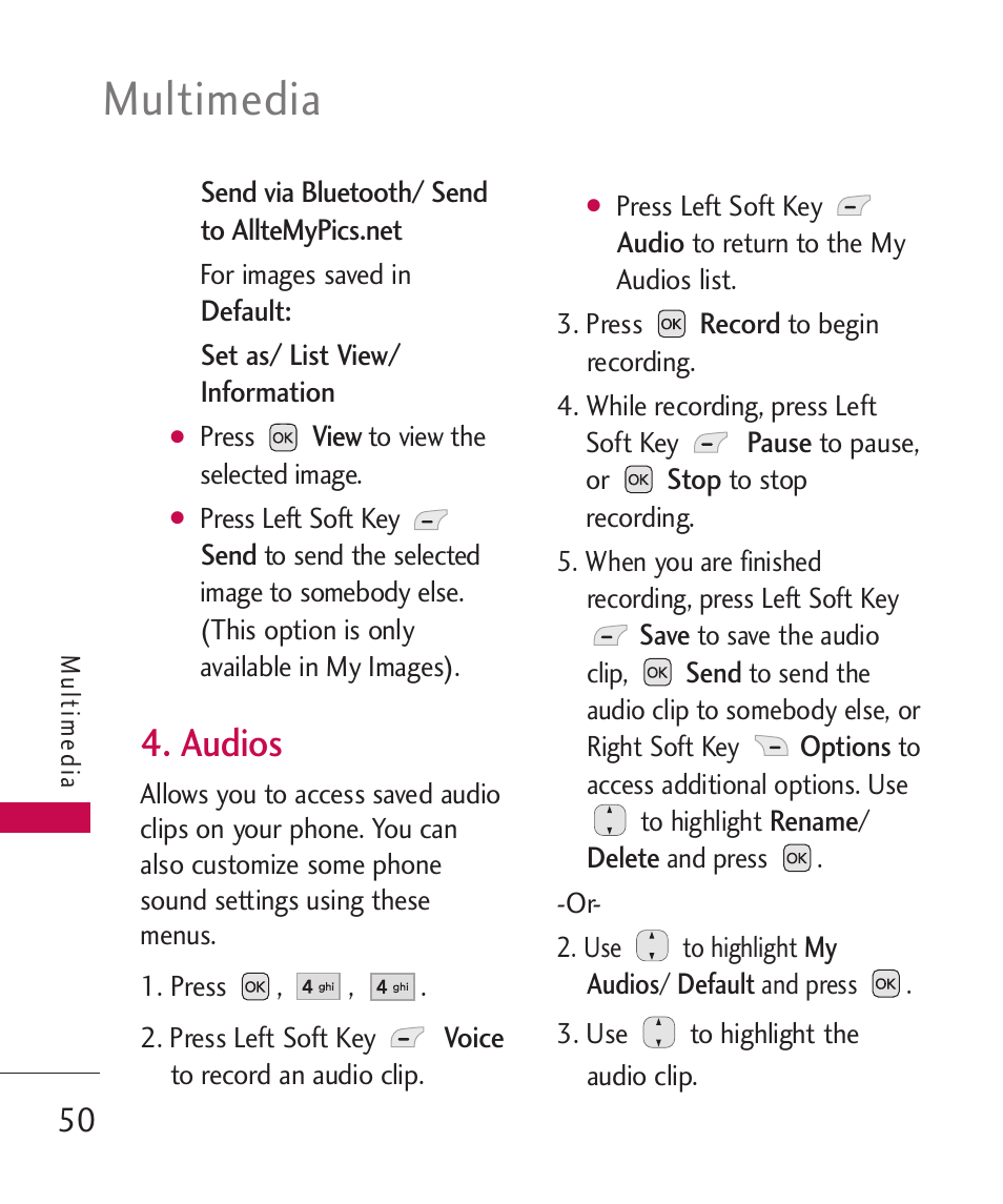 Audios, Multimedia | LG AX310 User Manual | Page 52 / 119