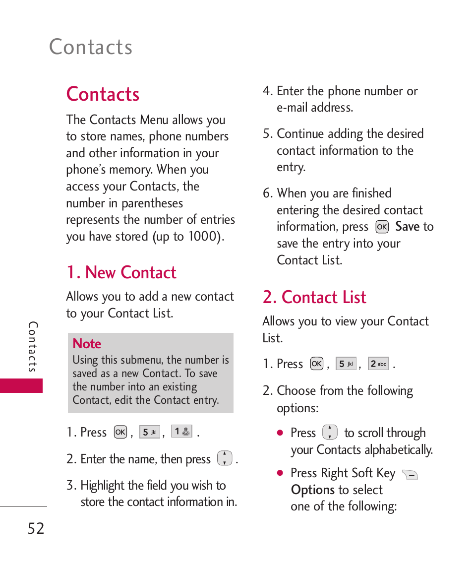 Contacts, New contact, Contact list | LG AX310 User Manual | Page 54 / 119