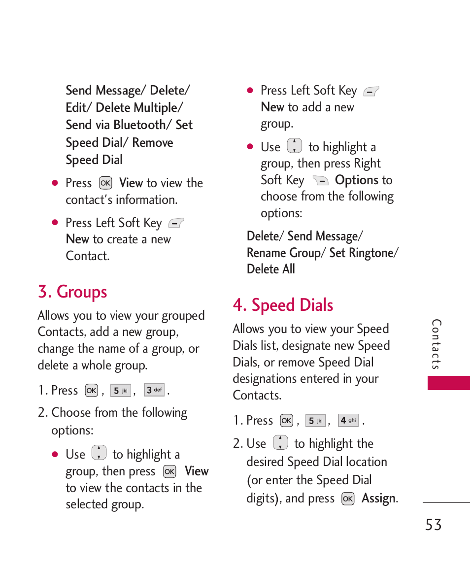 Groups, Speed dials | LG AX310 User Manual | Page 55 / 119